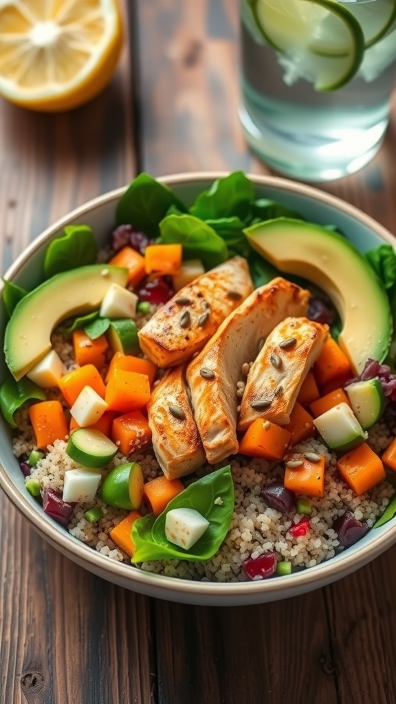 A healthy meal bowl with quinoa, greens, chicken, and vegetables, topped with avocado and seeds on a wooden table.